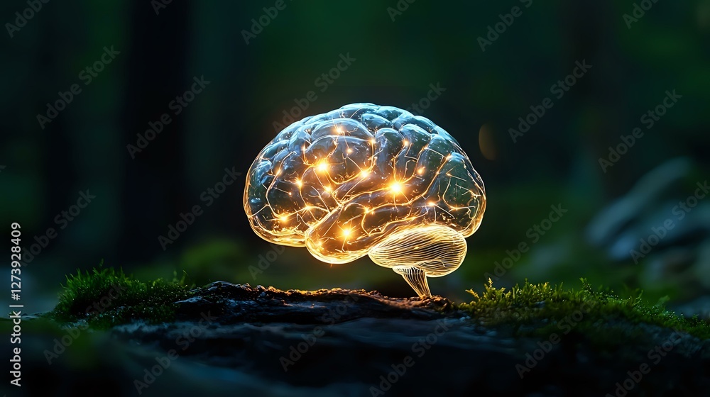 Poster glowing brain model on forest moss with magical light effects and neural connections illuminated aga