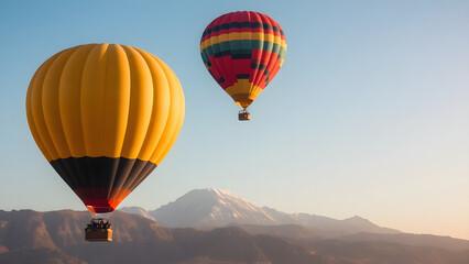 Obraz premium Two hot air balloons are flying in the sky above a mountain range