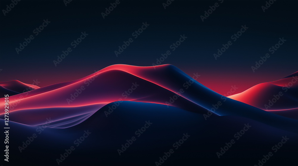 Poster abstract neon landscape: the image captures an abstract, neon-lit landscape with undulating forms, t