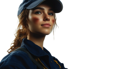 Female mechanic in a navy blue uniform, slight grease stain on her cheek, confident and capable, isolated PNG