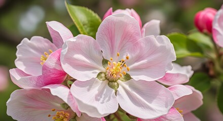Close-up Blooming Apple Tree Flowers with Delicate Pink and White Petals