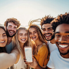 Obraz premium Friends enjoy a sunny beach day, capturing joyful memories with a selfie by the ocean