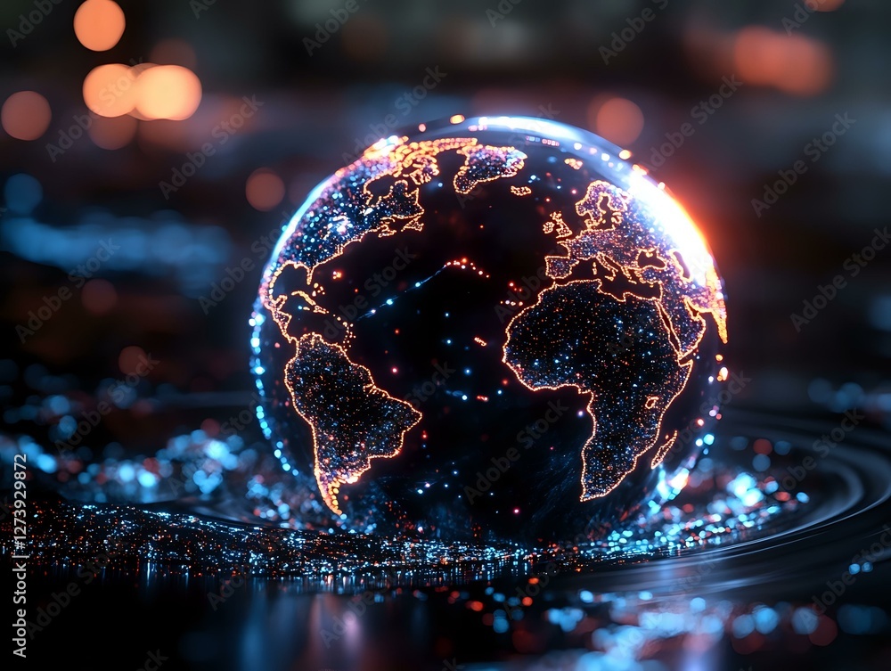 Poster glowing digital earth globe with illuminated continent outlines floating over reflective surface aga