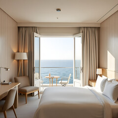 Fototapeta premium Beige striped and light wood interior of modern minimalistic style double hotel room with open French window and sea view