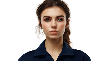 Female mechanic in a navy blue uniform, slight grease stain on her cheek, confident and capable, isolated PNG 