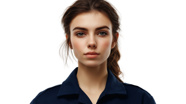Female mechanic in a navy blue uniform, slight grease stain on her cheek, confident and capable, isolated PNG 