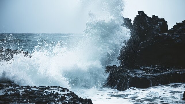 Powerful ocean waves crash against rocky shore in dramatic scene.