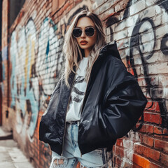 Fototapeta premium Stylish young woman posing confidently against a colorful graffiti backdrop in an urban setting
