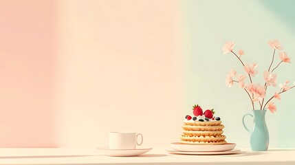 A minimalist flat illustration for International Waffle Day, focusing on a beautifully arranged waffle brunch table. The table includes waffles with artistic toppings, a coffee cup, and a small vase o