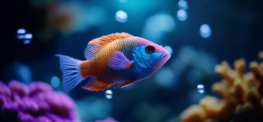 Aquatic beauty colorful fish swimming in blue ocean deep waters