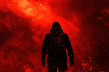 Mysterious figure stands against a backdrop of fiery red light in an otherworldly landscape