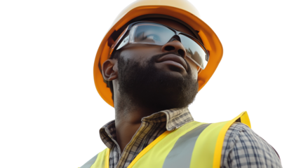 Male construction worker in a yellow safety vest and helmet, looking determined and professional, transparent background