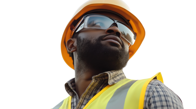 Male construction worker in a yellow safety vest and helmet, looking determined and professional, transparent background