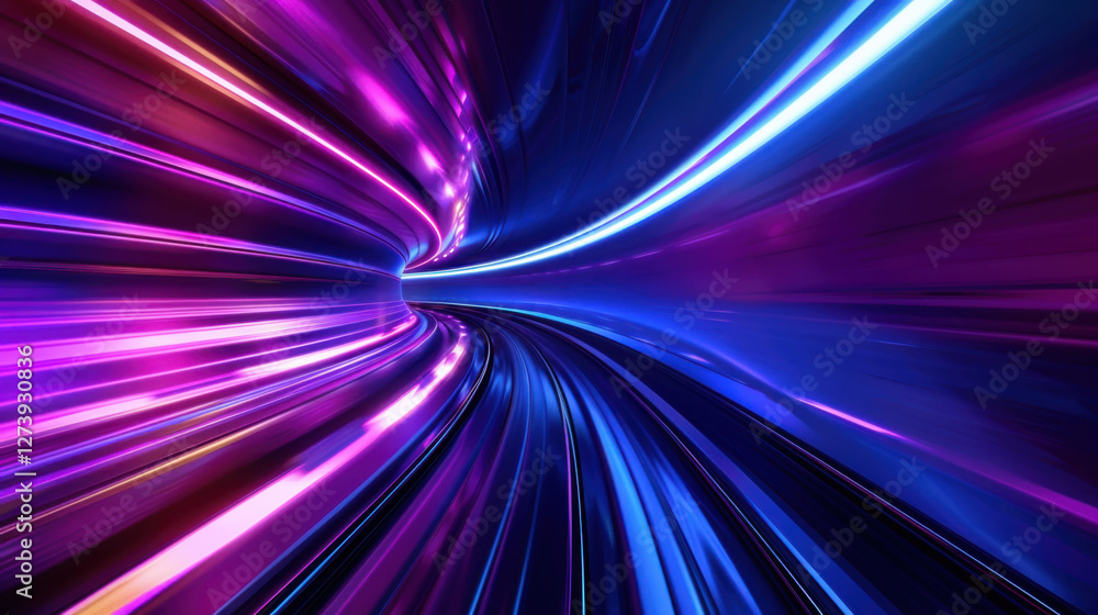 Poster colorful light trails create dynamic, futuristic tunnel effect, evoking sense of speed and motion. v