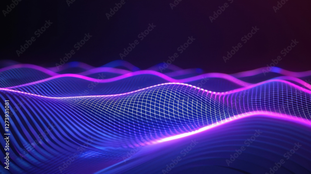 Poster digital waves in vibrant purple and blue colors create mesmerizing visual effect, representing sound