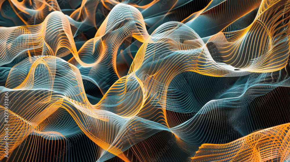Poster abstract digital waves in orange and blue colors create dynamic visual effect, representing movement