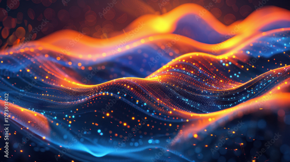 Aufkleber abstract digital waves with glowing particles in blue and orange tones create mesmerizing visual eff