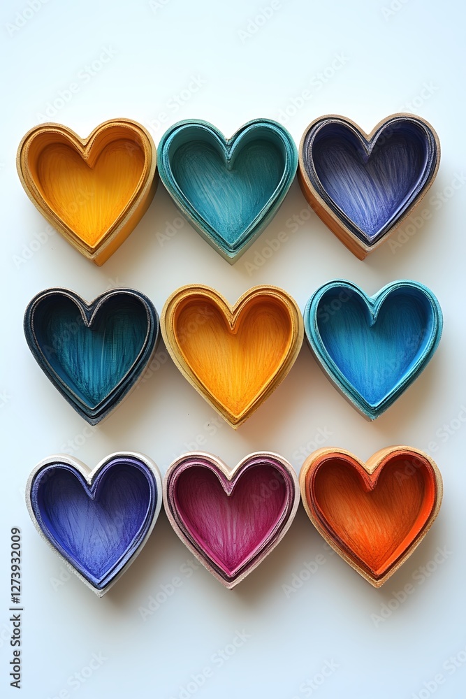 Poster Colorful Heart Shaped Boxes Arranged in a Grid Pattern on a White Background for Valentines