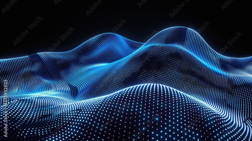 Poster abstract digital landscape with glowing blue waves and dots, representing data visualization and tec