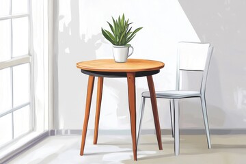 A chic and stylish round table paired with a single chair and a potted succulent, creating a modern and fresh atmosphere, perfect for small spaces and minimalistic decor.