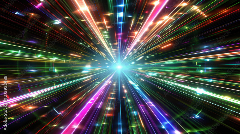 Poster vibrant light rays burst outward in colorful explosion, creating dynamic and energetic atmosphere. r