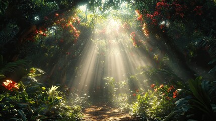 Sunlight path through lush tropical forest