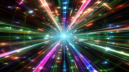 Fototapeta premium Vibrant light rays burst outward in colorful explosion, creating dynamic and energetic atmosphere. radiant colors blend harmoniously, evoking sense of excitement and wonder