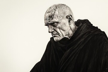 Fototapeta premium An elderly man wearing a dark robe looks down