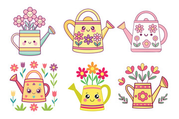 A Bundle of Cute Watering can with flowers vector cartoon illustration Easter day