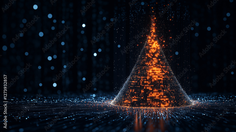 Poster digital data flow: a futuristic pyramid composed of glowing particles pulses with energy against a b