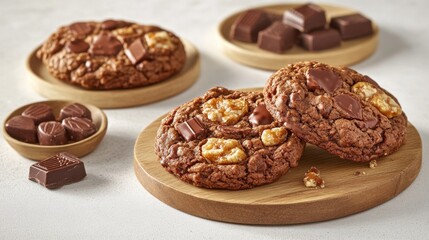 Close up of Chocolate Walnut Cookies on Wooden Plate with Chocolate Pieces