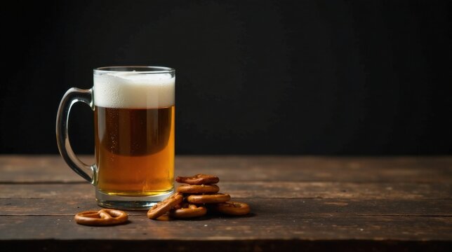 A frosty mug of golden beer sits on a rustic wooden table, accompanied by a small pile of crunchy pretzels, perfect for a relaxing evening