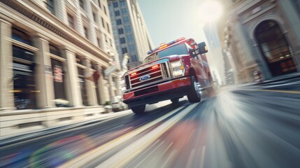 Red emergency vehicle racing through the day, showcasing urgency and motion.