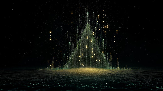 Data Flow: A futuristic digital landscape features a glowing triangle of data streams against a dark backdrop. The image shows a visualization of interconnected information.
