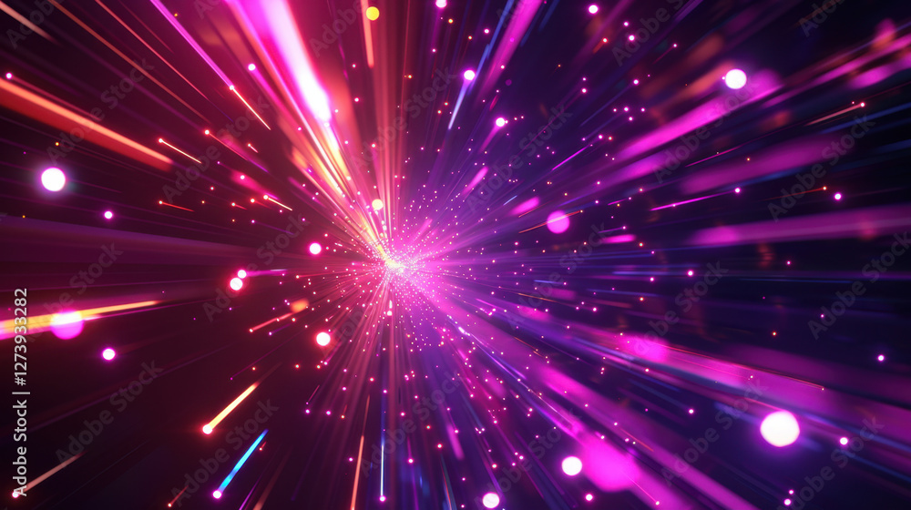 Poster vibrant abstract light burst with colorful particles and rays, creating dynamic and energetic atmosp