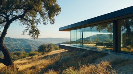 Obraz premium Modern Glass House Overlooking Scenic Mountain Landscape at Sunrise
