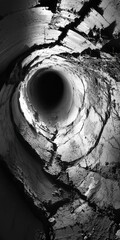black and white image of a cold, underground tunnel. The rough, cracked walls seem to absorb the sparse light, casting shadows that stretch far into the distance.