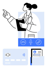 Female doctor gesturing, clipboard, phone call icons, credit card, and medical records. Ideal for telemedicine, healthcare apps, online payments, modern clinics remote consultations digital tools