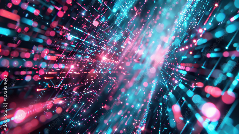 Poster abstract digital background with vibrant blue and pink light particles creating dynamic flow, repres
