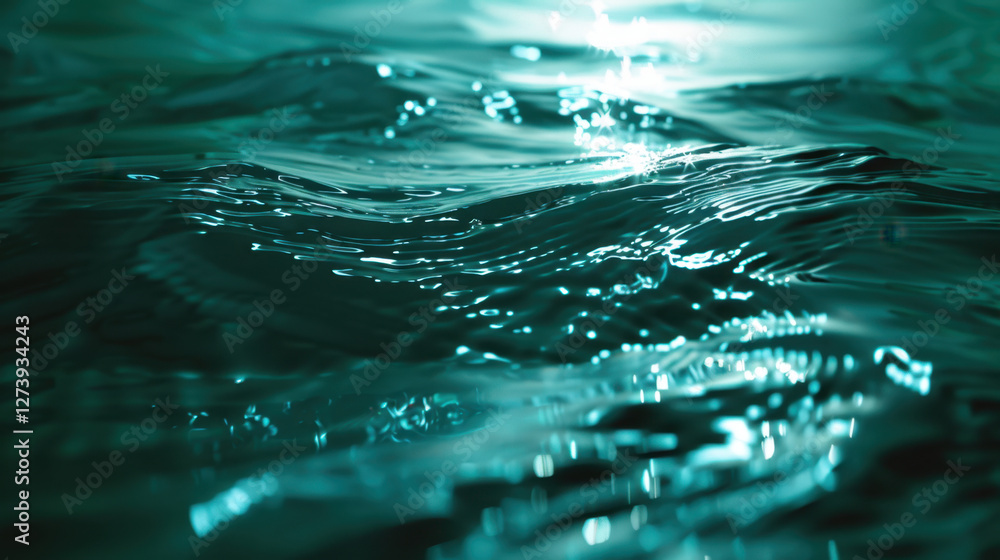 Poster calm water surface with gentle waves reflecting light, creating serene atmosphere. turquoise hue add