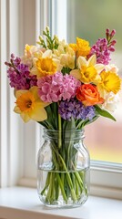 Colorful bouquet of spring flowers in a glass vase on a sunny windowsill