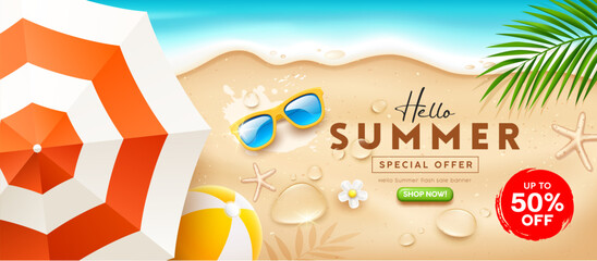 Summer sale holiday, beach umbrella and beach ball, sunglasses, water drop, coconut leaf, banner design on sand beach backgeound, Eps 10 vector illustration