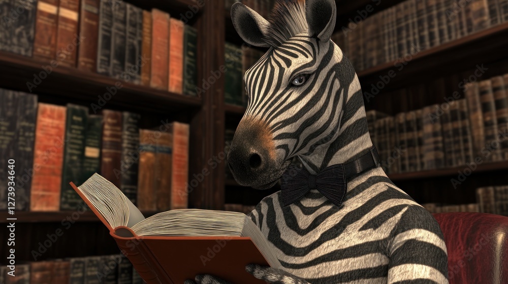 Poster a zebra in a bow tie reading a book in a library filled with books.