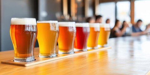 a Minneapolis craft brewery interior, with patrons enjoying flights of beer in a trendy, industrial-style space