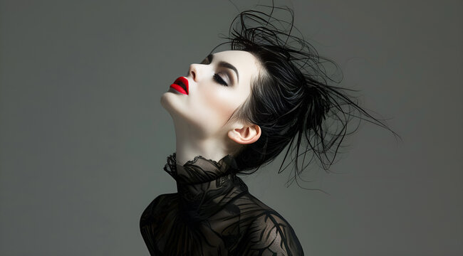 Kobieta z efektownym makijażem i rozwianymi włosami w czarnej sukience.