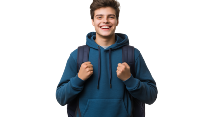 College student in a hoodie and backpack, looking excited and ambitious, casual and friendly expression, isolated on a transparent background