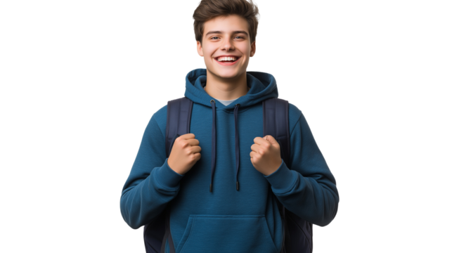 College student in a hoodie and backpack, looking excited and ambitious, casual and friendly expression, isolated on a transparent background