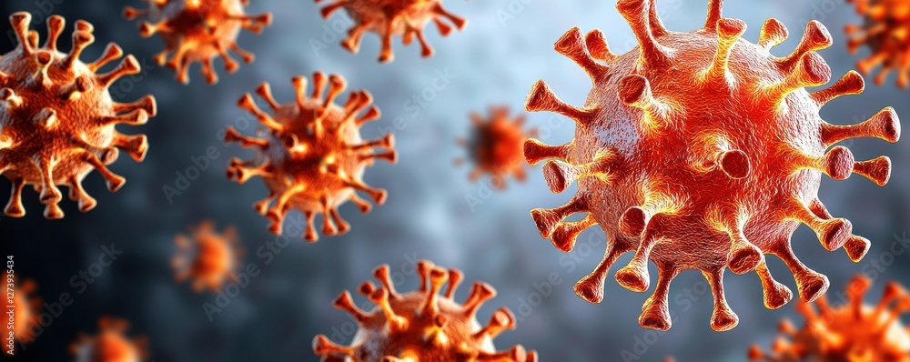Poster a vivid representation of virus particles, showcasing their intricate structure and vibrant colors a
