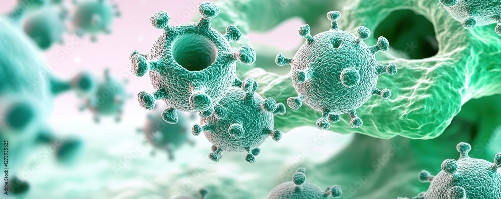 Poster a close-up view of microscopic pathogens, highlighting their intricate structure and vibrant colors,