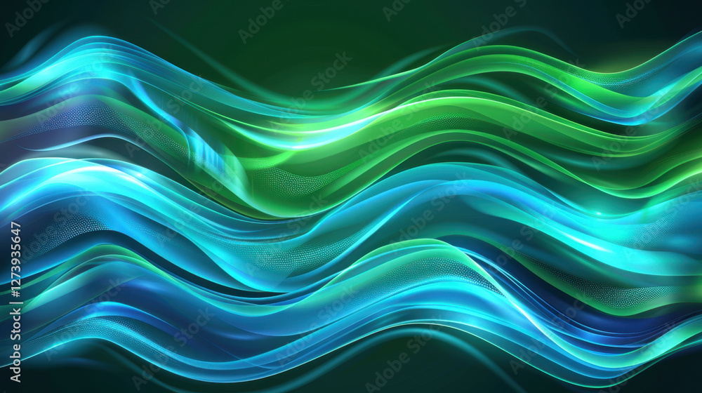 Poster abstract wavy lines in blue and green colors create dynamic visual effect, evoking sense of movement